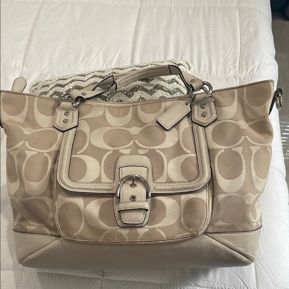 Coach Handbags - Coach Cream Tote Bag with Leather Trim